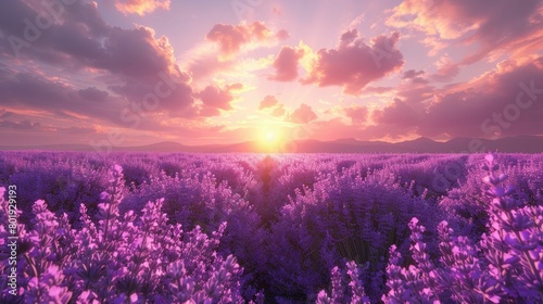 A 3D generated soothing lavender field at sunset  calming and picturesque