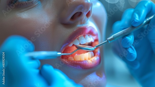 Dentist Examining Patient's Teeth in Modern Clinic Generative AI photo