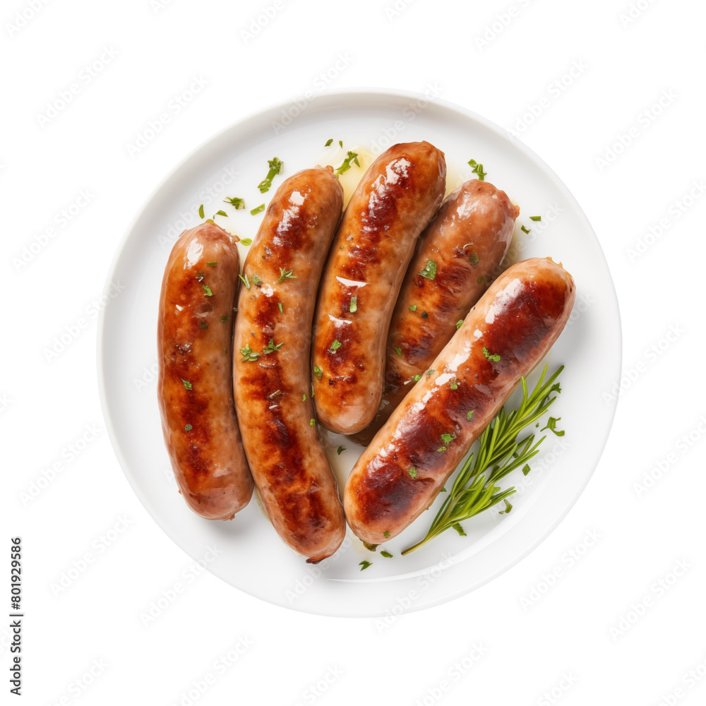 Juicy grilled sausages with grill marks on a plate, sprinkled with fresh herbs, top view. Generative AI Juicy grilled sausages with grill marks on a plate, sprinkled with fresh herbs, top view. Generative AI
