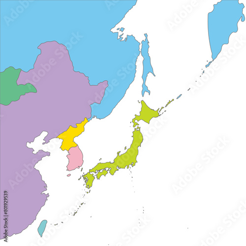 日本と周辺国の色分けされた地図、カラフルで明るい