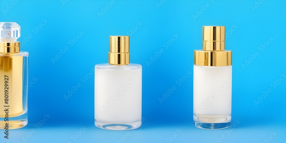 Two bottles of perfume on a blue background. Place for text. Two bottles of perfume on a blue background. Place for text.