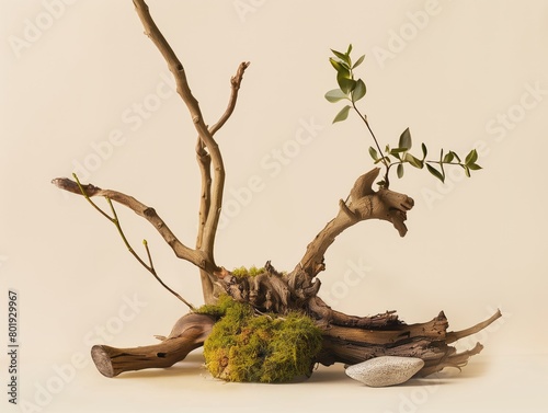 Tranquil Nature-Inspired Display: Elements of Wood, Moss, and Stone for a Peaceful Setting