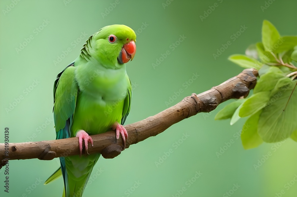 Fototapeta premium Green parrot sitting in tree Generative AI