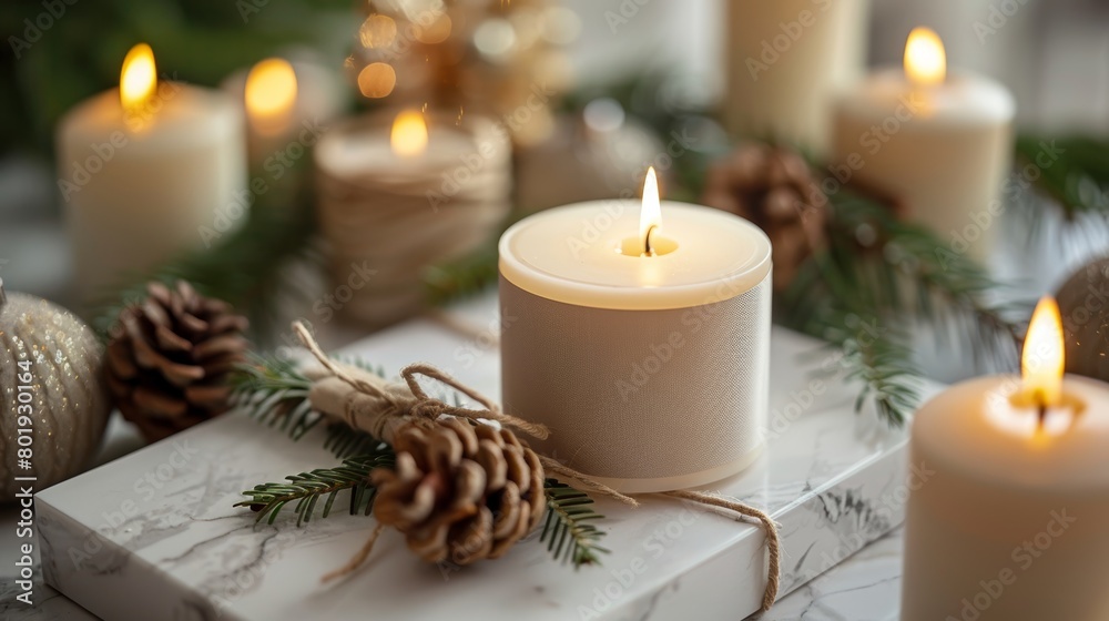 Festive Decorations on Marble Table with Bokeh Background Generative AI Festive Decorations on Marble Table with Bokeh Background Generative AI