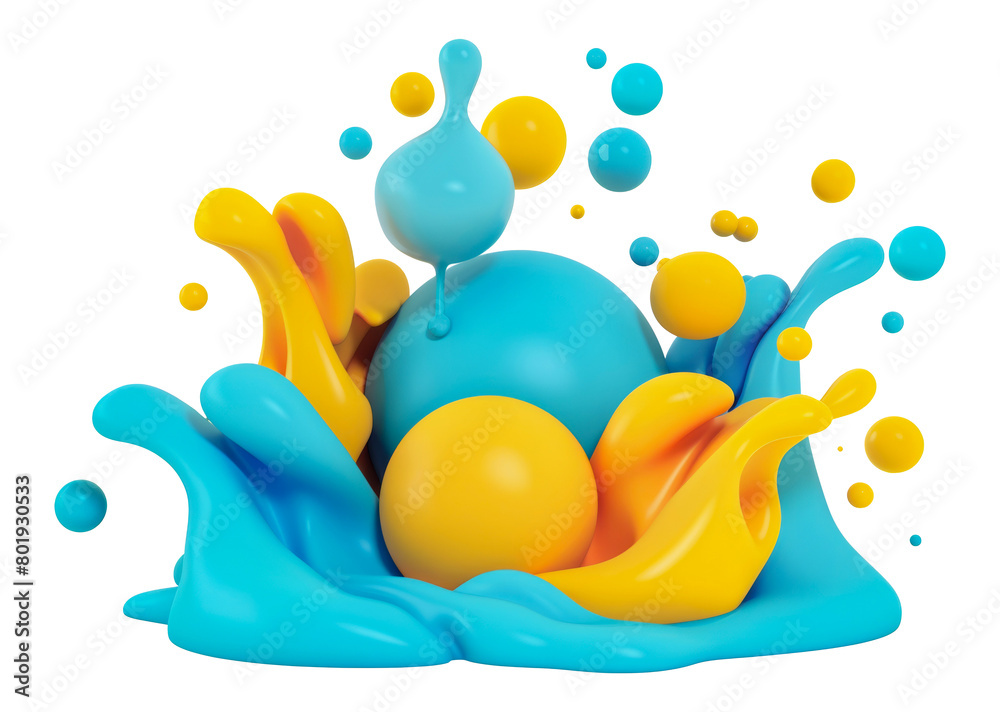 Splash of colorful shapes in 3D liquid art, cut out - stock png.