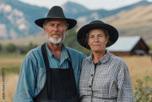 A portrait of the Amish on a mountain peak, with their house and mountain range in the background. © kalafoto