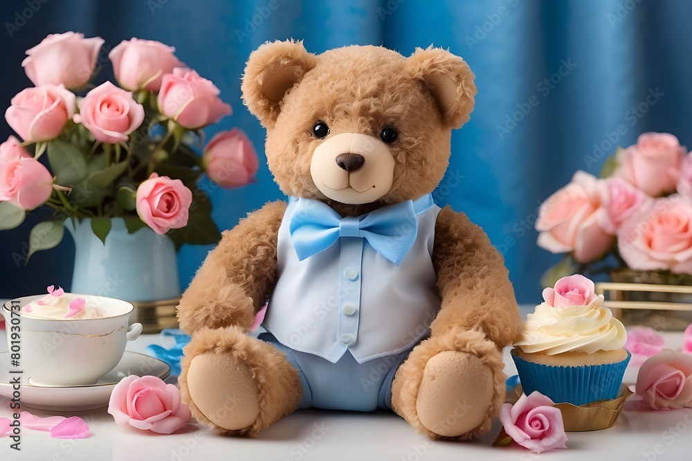 Transport yourself to a world of wonder as a lovable teddy bear, dressed to impress in a vibrant blue bow tie, sits amidst a table adorned with soft pastel roses and delectable cupcakes.