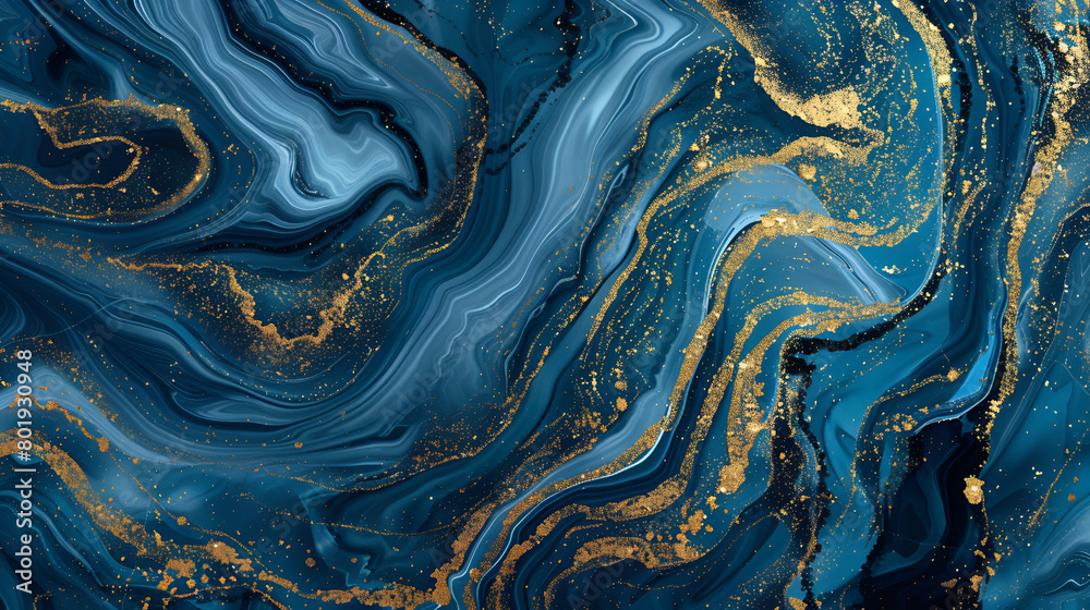Abstract background with fluid swirling patterns in shades of blue and gold, creating a marbled effect, Modern, abstract colorful background, wallpaper. Marble texture Translucent colors