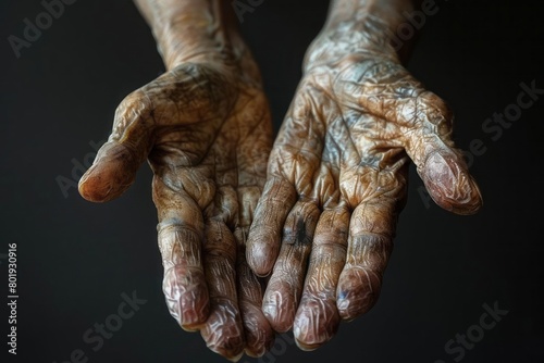 Swollen hands with contact dermatitis, reaction to touching an allergen