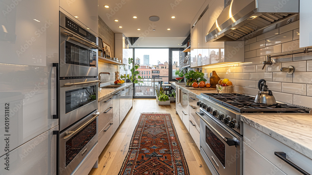 A modern galley kitchen with sleek white cabinets, stainless steel appliances, and a subway tile backsplash.
