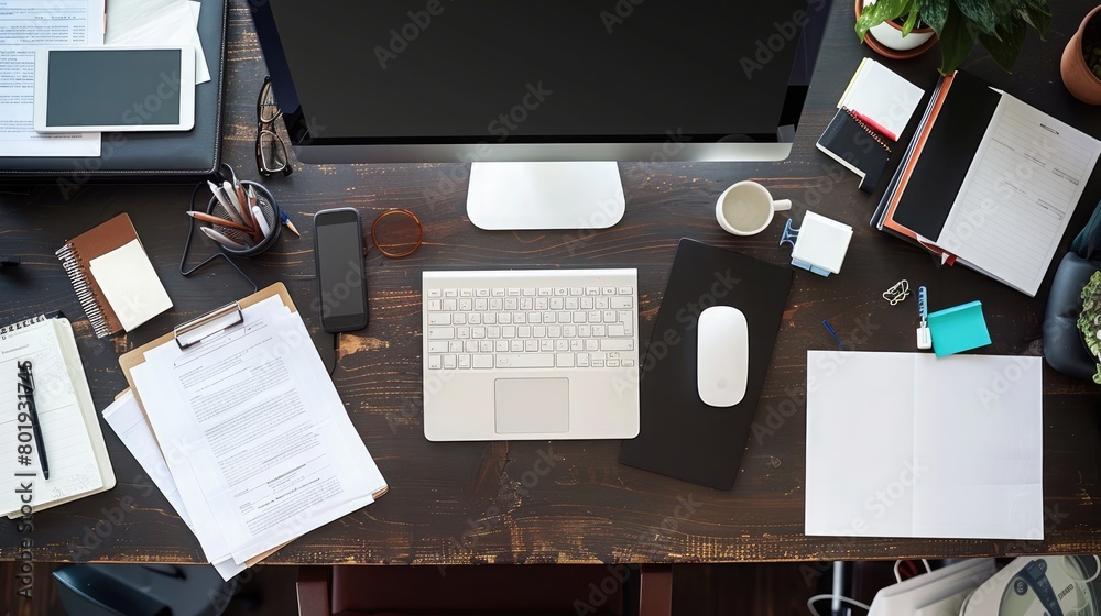 Office desk with computer, phone, and paperwork Office desk with computer, phone, and paperwork