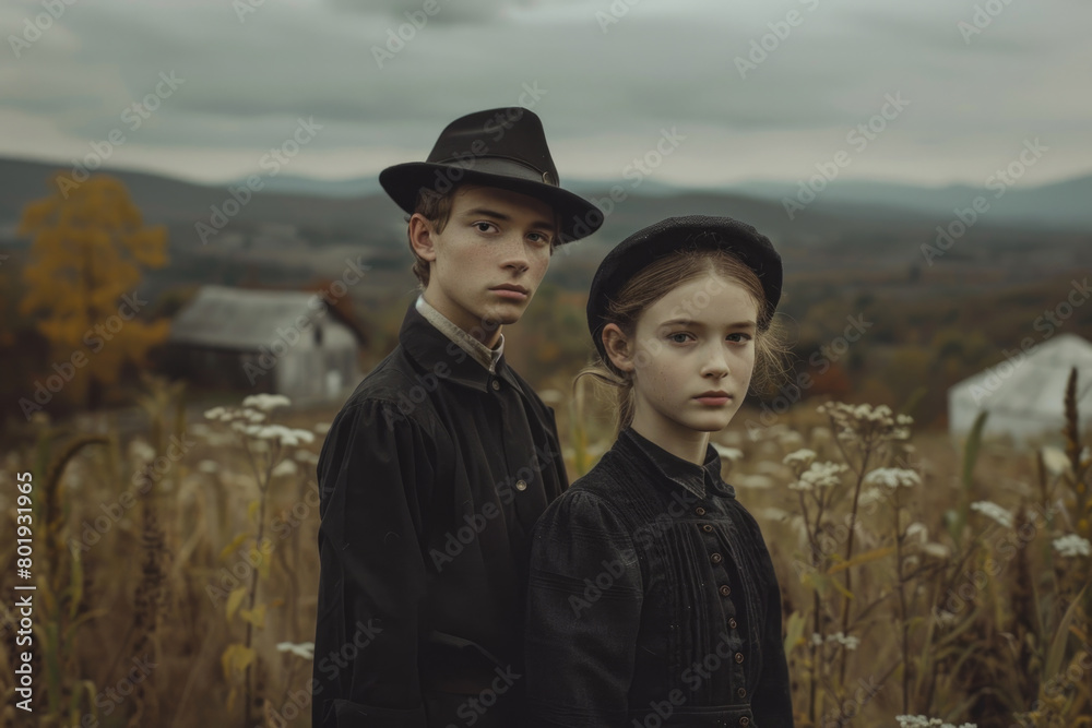 A portrait of the Amish on a mountain peak, with their house and mountain range in the background. A portrait of the Amish on a mountain peak, with their house and mountain range in the background.