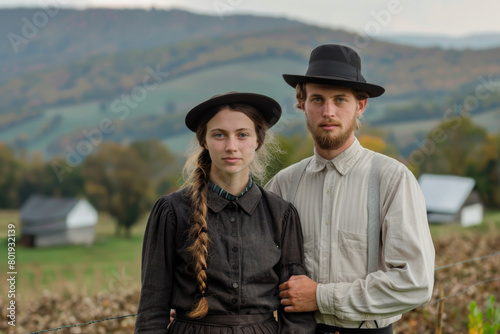 A portrait of the Amish on a mountain peak, with their house and mountain range in the background.