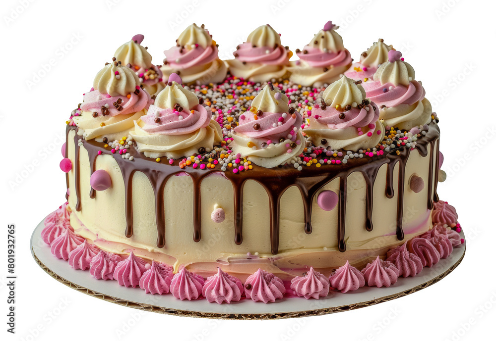 Colorful Birthday Cake with Toppings and Drizzle, cut out - stock png. Colorful Birthday Cake with Toppings and Drizzle, cut out - stock png.