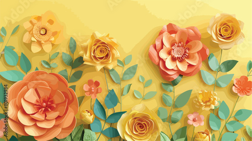 Beautiful handmade paper flowers on yellow background