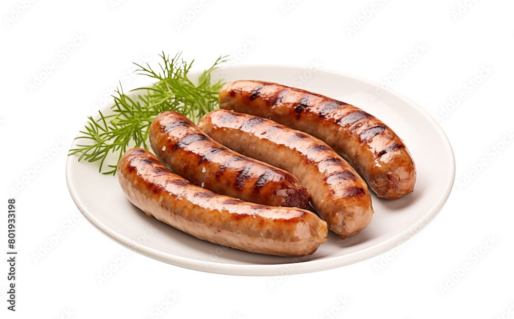 Grilled pork sausages on a plate with parsley garnish, ready to serve. Generative AI Grilled pork sausages on a plate with parsley garnish, ready to serve. Generative AI