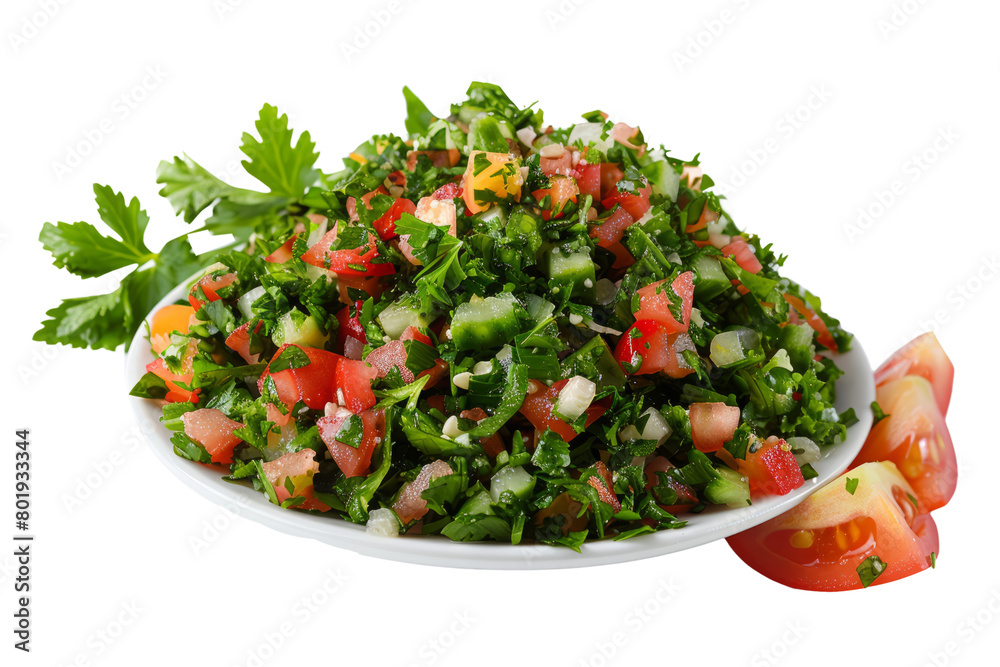 vibrant and flavorful tabbouleh salad, neatly arranged on a crisp white background.