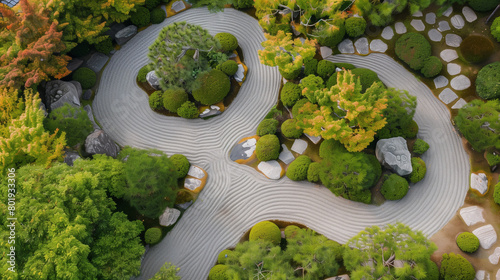 Japanese zen garden with gray sand top view 