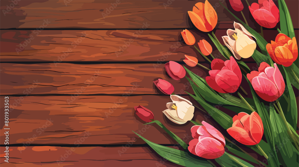 Greeting card for Mothers Day and flowers on wooden b