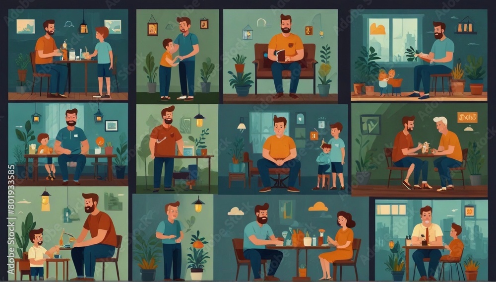 Set_of_Fathers_Day_illustrations_depict_dads_taking_ca_ Set_of_Fathers_Day_illustrations_depict_dads_taking_ca_