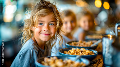 Little girl sitting at table with plate of food in front of her.