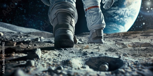 Astronaut's boot on the moon with Earth in the background photo