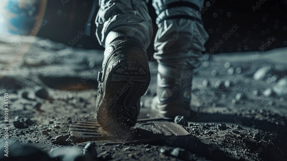 Astronaut's boot on the moon with Earth in the background Astronaut's boot on the moon with Earth in the background