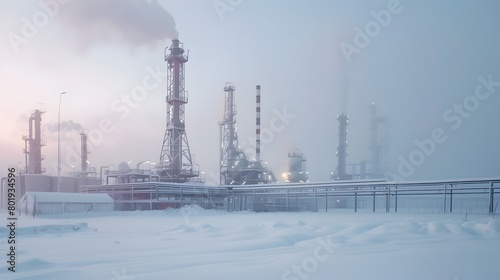 Dramatic Silhouettes of Oil Extraction Facilities Amidst a Serene Snowy Landscape