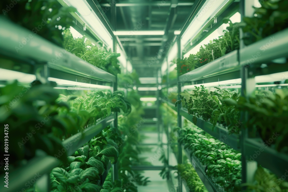 A modern vegetable greenhouse with a minimalist composition, bright lighting, and an empty scene.

