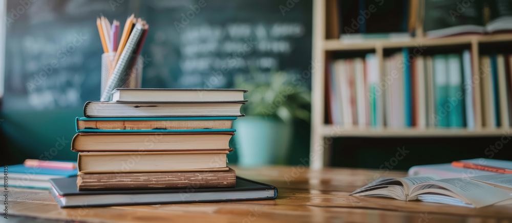 stack of books and notebooks on the teacher's desk, stationery, pens, pencils, literature, library, school, teaching, education, class, chalk board, banner, lesson, reading, student, pupil stack of books and notebooks on the teacher's desk, stationery, pens, pencils, literature, library, school, teaching, education, class, chalk board, banner, lesson, reading, student, pupil