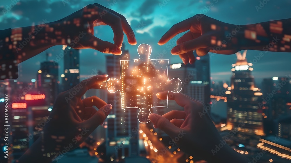 Fototapeta premium Collaborative Hands Solving Corporate Puzzle Challenge with Glowing Business Concept