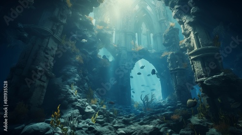 Fantasy underwater seascape with lost city. © hamad