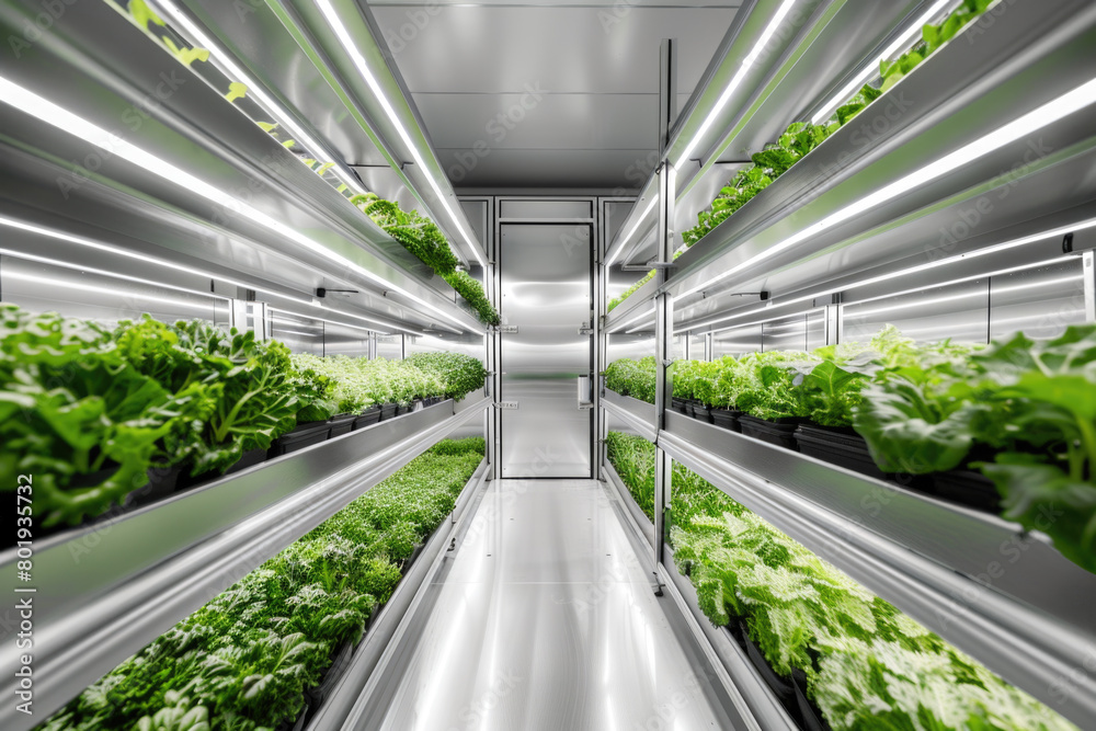 A modern vegetable greenhouse with a minimalist composition, bright lighting, and an empty scene.

