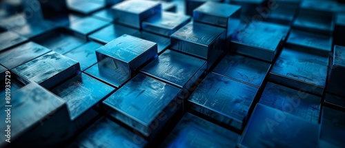 Abstract background featuring blue metal cubes in a dynamic arrangement, with perspective creating depth and industrial vibes, soft shadows adding dimension,