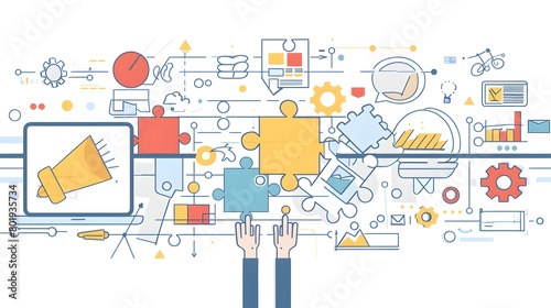 Hands Completing Schematic Business Diagram to Represent Innovation and Critical Thinking