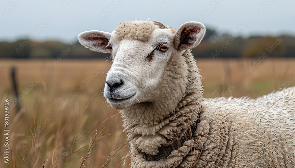 Cute Merino sheep in a farm pasture land 
