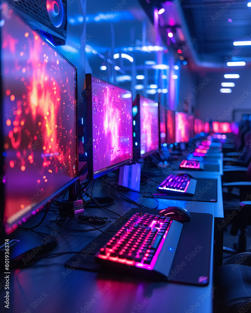 LAN party setup, rows of computers, intense focus, soft blue lighting, eye-level, competitive, tech-driven gaming environment LAN party setup, rows of computers, intense focus, soft blue lighting, eye-level, competitive, tech-driven gaming environment