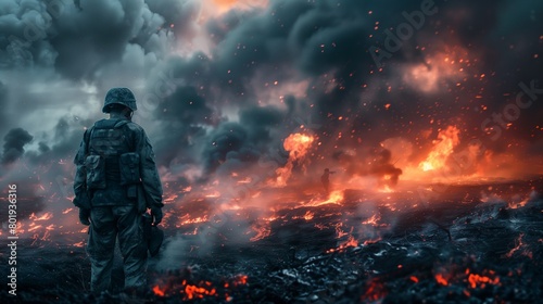 A soldier stands and looks at the burning ruins photo