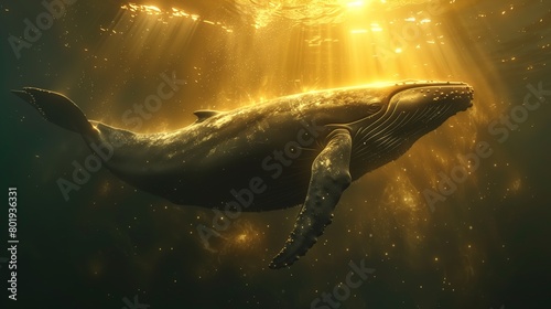A huge whale swims in the ocean underwater