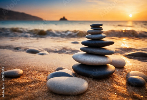 Zen stones on the beach near sea  blurred background  warm sunset light