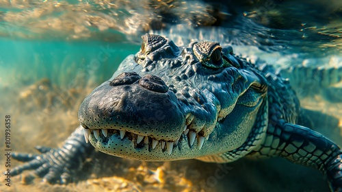 a crocodile is swimming in the water and looking at the camera
