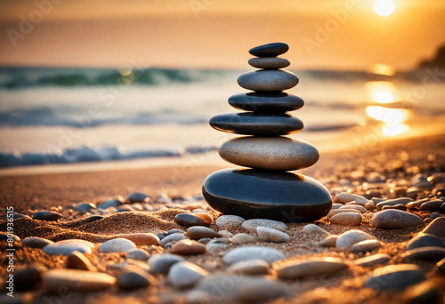 Zen stones on the beach near sea, blurred background, warm sunset light