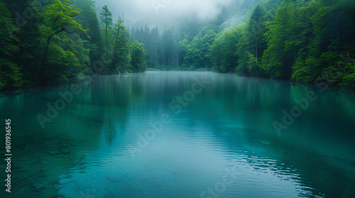 Beautiful turquoise lake surrounded by dense forest  foggy weather  National Geographic photography in the style of National Geographic. Ai Generative