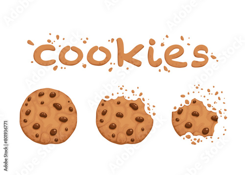 Bitten chocolate chip cookie. Crunch homemade brown biscuits broken with crumbs. Cartoon baked round choco cookies bite animation vector set. Illustration animation disappear choco crumb piece bakery