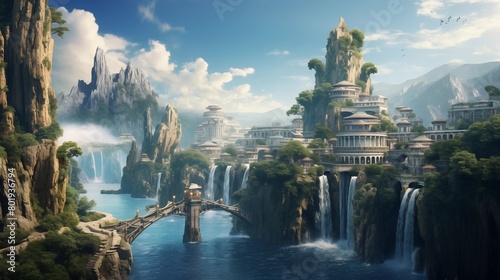 Fantasy city landscape, cliffs and waterfalls, Atlantis, white stone, coastal water island civilization. photo