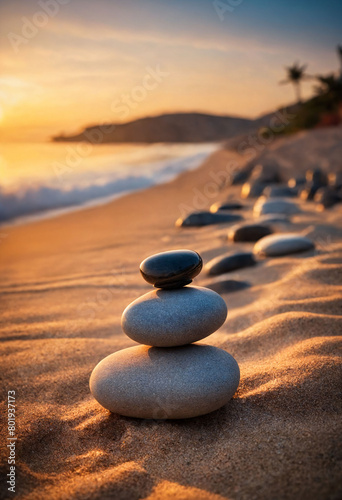 Zen stones on the beach near sea, blurred background, warm sunset light