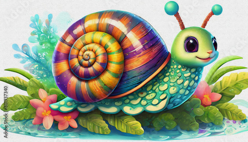 oil painting style CARTOON CHARACTER CUTE baby Happy snail with colorful shell isolated on white background,