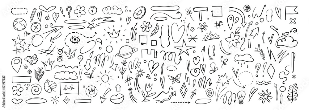 Decorative hand drawn shapes. Outline crown, doodle pointer and heart frame. Doodles lines elements, ink line arrow and flower calligraphy sign sketch. Isolated vector illustration symbols set