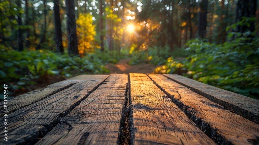 Obraz premium Rustic Wooden Table Top with Forest Background Generative AI