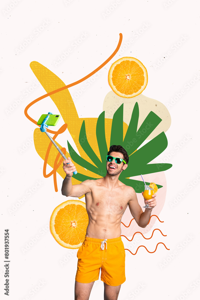 Naklejka premium Vertical photo collage of happy guy hold cocktail beverage summer travel resort trip make selfie stick photo isolated on painted background